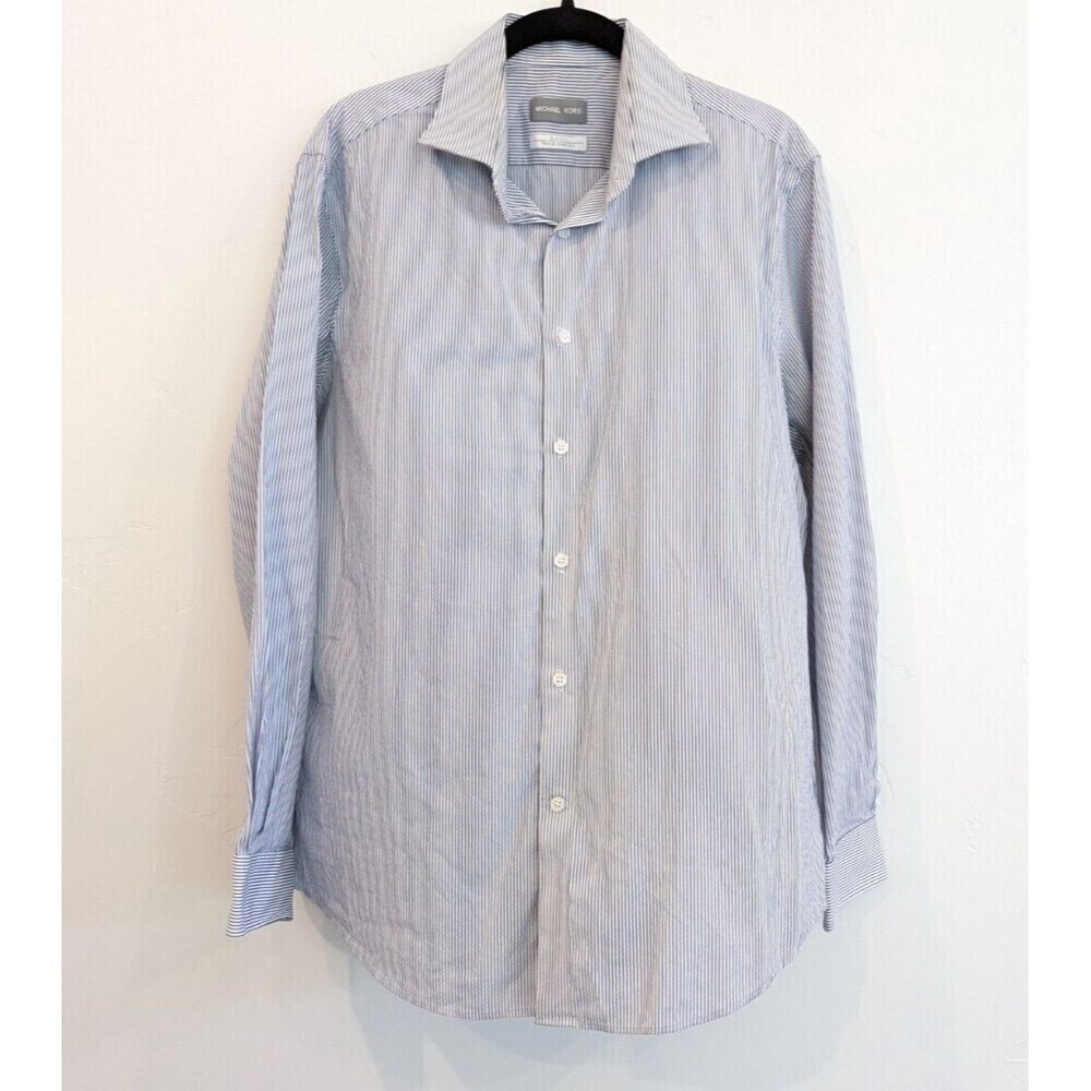 Michael Kors Shirt Mens Size L Blue Striped Slim Fit Travel Stretch Button Up
